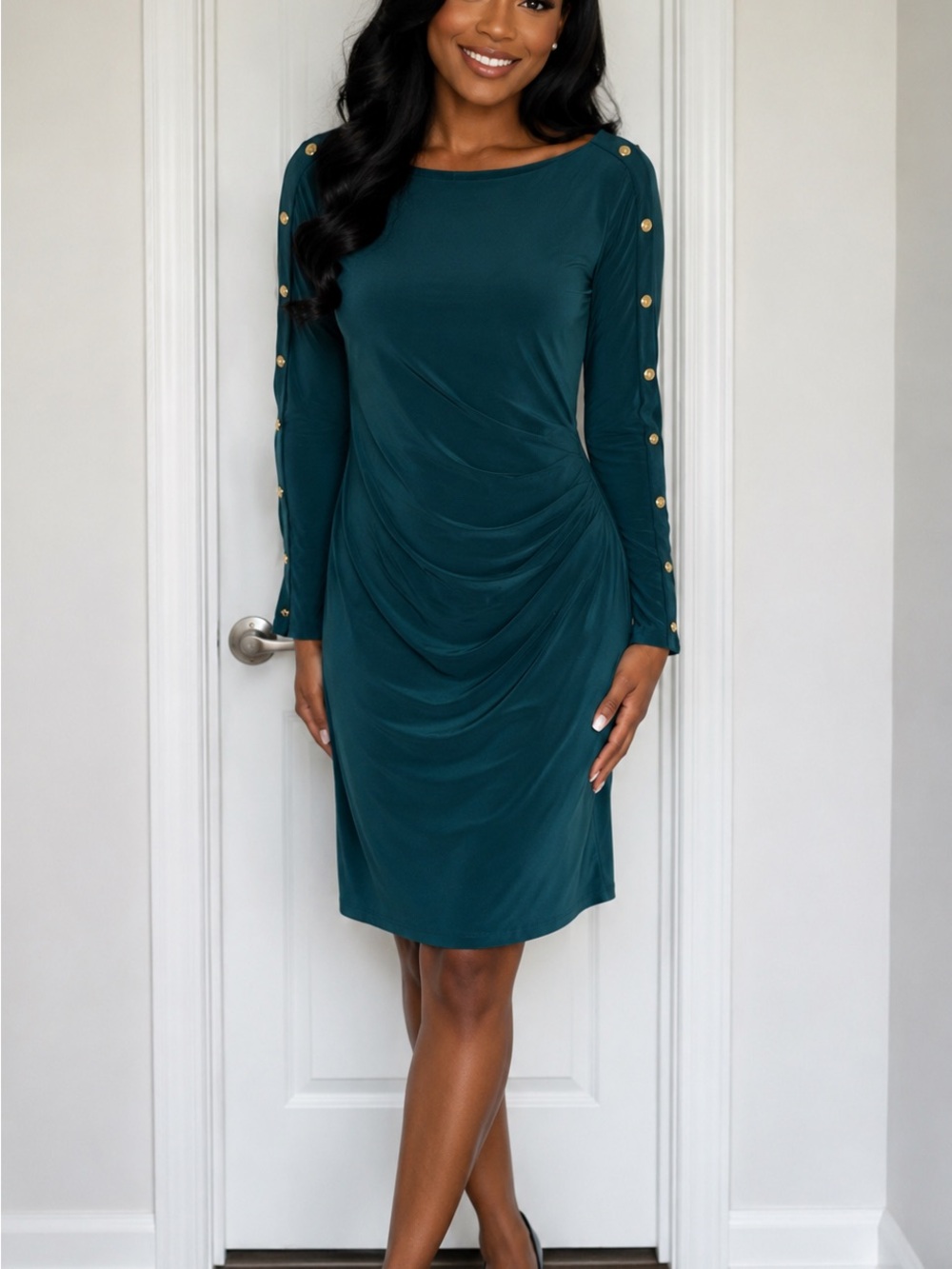 Ralph Lauren Teal Long-Sleeve Ruched Sheath Dress with Gold Buttons